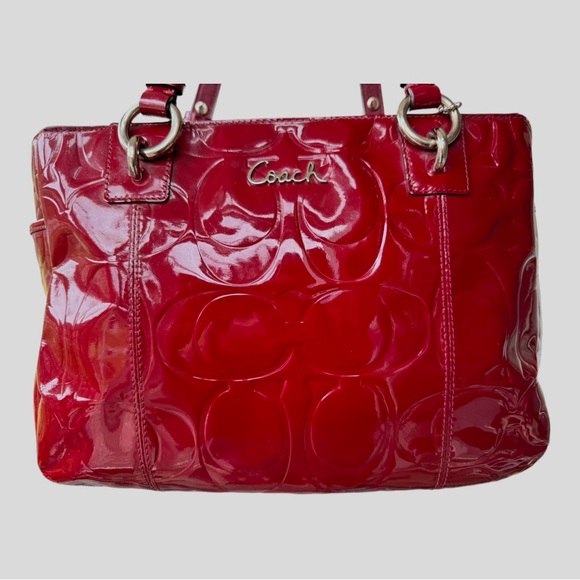 Coach Embossed Signature Burgundy Patent Leather Shoulder Bag - Picture 2 of 16